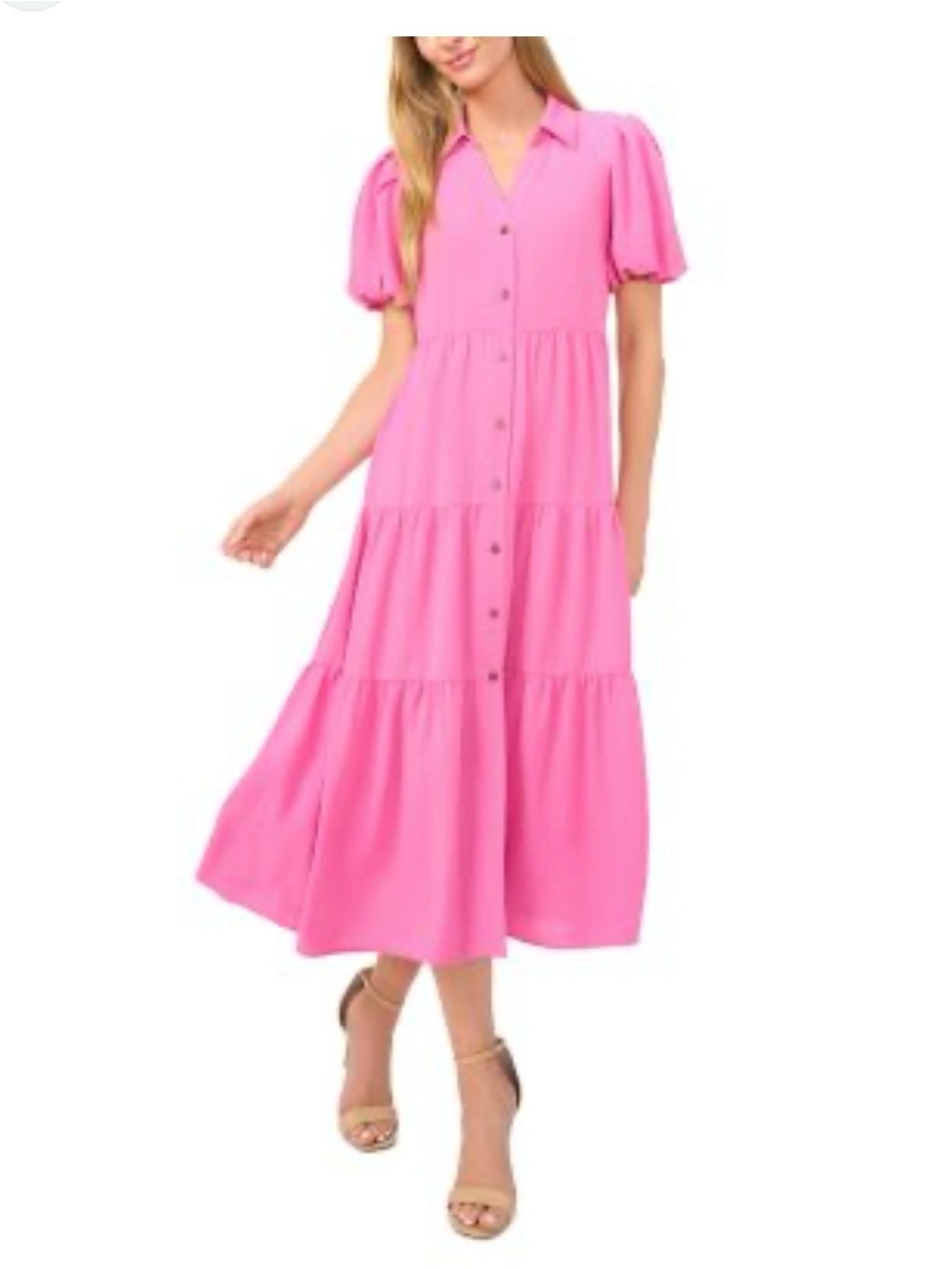 CeCe Pink Tiered Button-Front Midi Dress